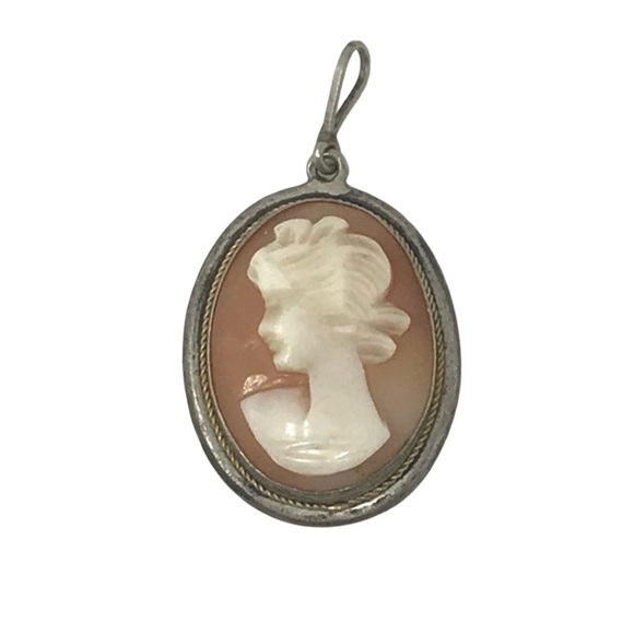 Source Unknown Jewelry - Sterling 925 Silver Vintage Carved Pink Shell Cameo Pendant